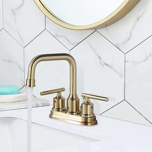 Miniatura 4 de WOWOW Grifo de baño dorado cepillado de 4 pulgadas, grifo de lavabo de 3 agujeros, grifos de baño para lavabo, grifo de tocador de 2 manijas con