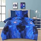 Galaxy Kids Duvet Cover, 100% Cotton 2 PC Duvet Cover For Kids with Button Closure, Cute Cartoon Printed Bedding Set For Boys & Girls (Twin Size)