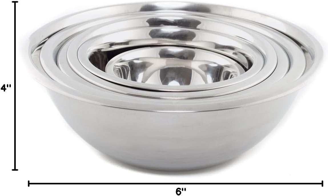 (Set of 6) Mixing Bowls Standard Weight Stainless Steel, Mirror Finish, 3/4, 11/2, 3, 4, 5, and 8 Qt