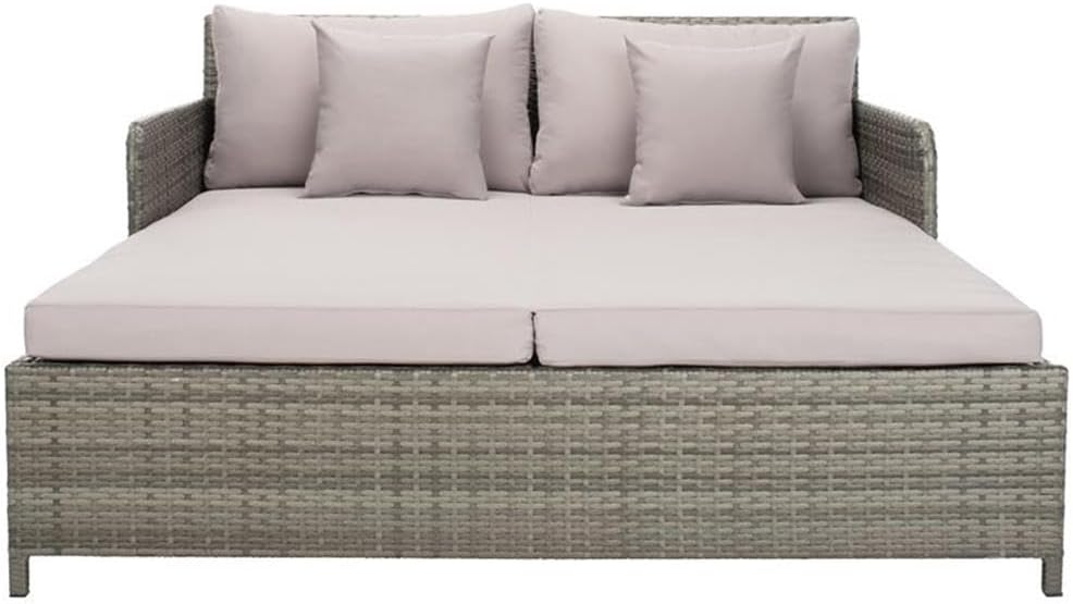 Pemberly Row Outdoor Daybed, Polyester and Steel Metal, Gray Finish, 27.59" H x 52.65" W x 62.4" D, Weather Resistant with Plush Pillows, Powder Coated Frame, Modern Poolside or Patio Lounger
