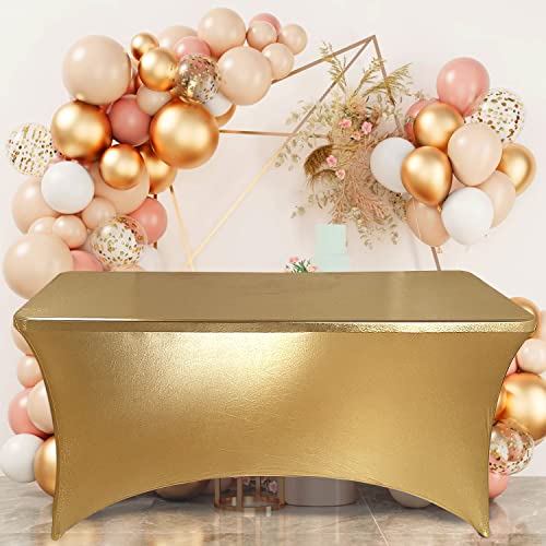Obstal 6ft Stretch Spandex Table Cover for Standard Folding Tables - Universal Rectangular Fitted Tablecloth Protector for Wedding, Banquet, Party Stamping Gold, 72 Length x 30 Width x 30 Height Inch