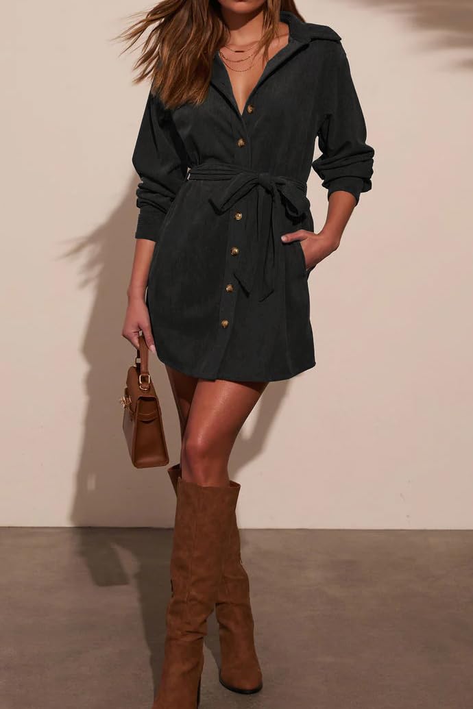R.Vivimos Autunno Inverno Donna Manica Lunga Abito in Corduroy V Collo Bottone Giù Camicia Mini Abito con Tasche