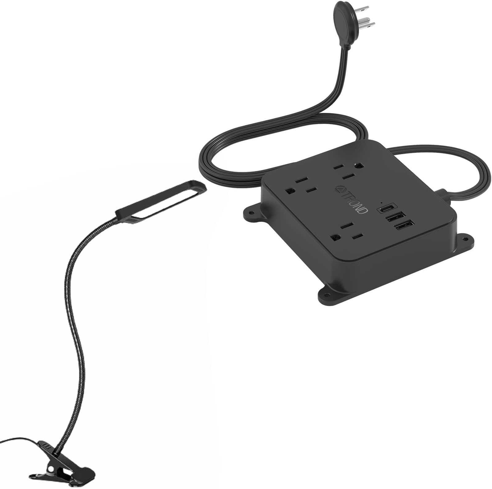 TRONDLED Desk Lamp with Clamp, 3-Level Dimmable Desk Light 6000K Daylight Ultra Thin Extension Cord with 2 USB-A and 1 USB-C Port, 5FT Flat Wall Plug with 3 AC Outlet
