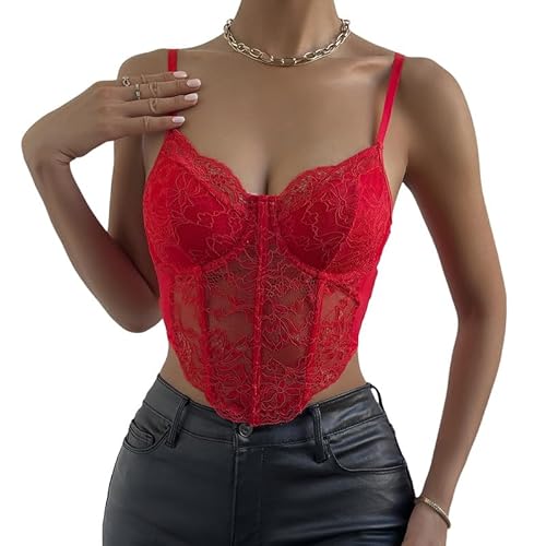 Haibang Top da Donna in Pizzo Canotta Donna Estiva Sexy Slim Fit Corsetto con Spalline Sottili Senza Maniche Crop Top Scollo a V Regolabile Canottiera Elegante Sottogiacca Aderente Bustier Clubwear