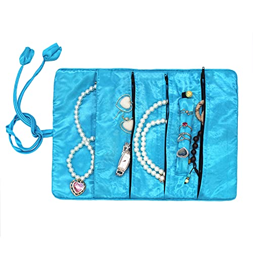 Wei Long Jewelry Roll,Travel Jewelry Roll Bag,Silk Embroidery Brocade Jewelry Organizer Case With Tie Close,(Peacock,Blue) #TOP5