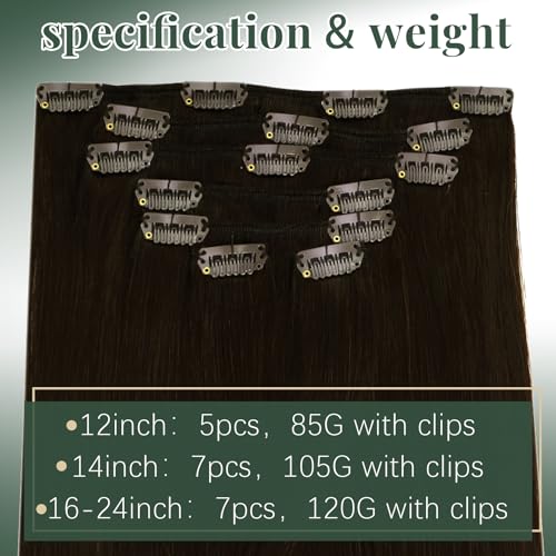 Image of Ugeat 22 Inch Clip in Hair Extensions Real Human Hair Dark Brown 7pcs 120g | Seamless Hair Extensions Clip in , Easy to Apply