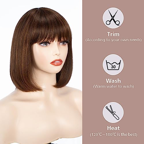 FASHION IDOL Bob Human Hair Wig with Bangs for Black Women Short Straight Hair 10 Inch Brown Glueless Machine Made Short Bob Wigs - Image 4
