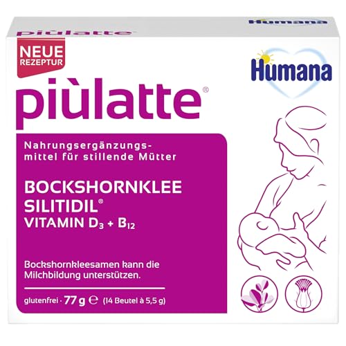 Humana piùlatte Stillpulver zur Milchsteigerung; Mit Bockshornklee Vitamin B12 und D3; 14 Sachets (77 g); Basierend auf pflanzlichen Inhaltsstoffen; Hebammenempfohlen