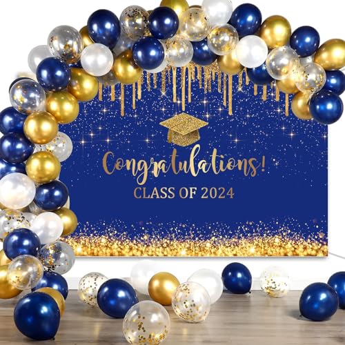Mocsicka Blue and Gold Graduation Backdrop Congratulations Class of 2024 Photography Background 2024 Graduation Party Decorations Congrats Grad Cake Table Banner (blue gold-1, 8x6ft)