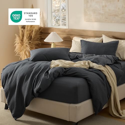 Image of Bedsure Cotton Waffle Duvet Cover with Fitted Sheet, King, Charcoal Black | Waffle Texture, Breathable, Skin-Friendly, OEKO-TEX Certified, Good Housekeeping Seal, All-Season, Machine Washable