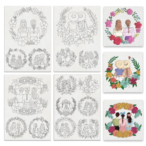 Image of BENECREAT 4 Sheets 15Pcs Girls with Wreaths Stick and Stitch Embroidery Paper, Sisters Stabilizer Water Soluble Hand Sewing for Carves, Shirts, Coats, Bags, Towels