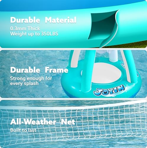 Image of JOYIN XL Inflatable Pool Float Set, 125'' Volleyball Net & Basketball Hoops, Extra Large Floating Swimming Game Toy for Kids and Adults, Summer Floaties, Volleyball Court|Basketball, XL-Blue, Cyan
