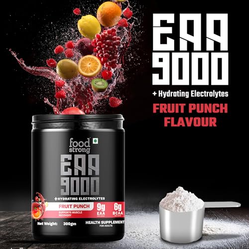 Image of Foodstrong EAA 9000 with Hydrating Electrolytes, Fruit Punch Flavour, 9g Essential Amino Acids (EAA) & 6g BCAA Per Serving - Supports Muscle Recovery & Rehydration - 300g, 25 Servings
