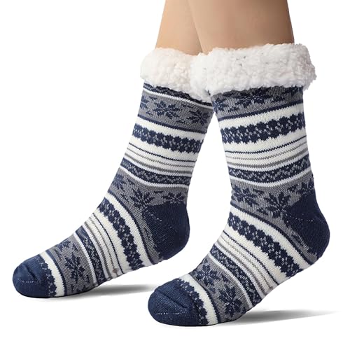 EOAMGO Mens Slipper Socks Acrylic Fleece-Lined Thermal Socks for Men Fits Most Non-Slip Sole (Navy Blue One Size Adult Men One Size Alpha UK Footwear Size System Wide)
