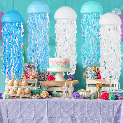 Image of 8 pcs Jellyfish Paper Lanterns Ocean Birthday Party Decorations with Hooks and Ropes, Hanging Jellyfish Decorations for Baby Shower Under The Sea Mermaid Spongebob Birthday Classroom Decorations