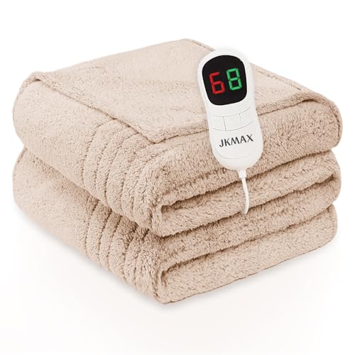 JKMAX Heated Electric Blanket King Size - 100"x90" Flannel Heating Blanket with 10 Heating Levels & 5 Time Settings Over-Heat Protection, Winter Warmer for Adults with ETL Certification（Beige）