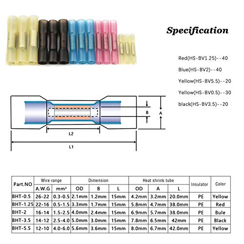 200 piezas de conector de terminal termorretráctil de manguito de soldadura impermeable, grueso, 4 tamaños, empalme de cable a tope, conector de crimpado