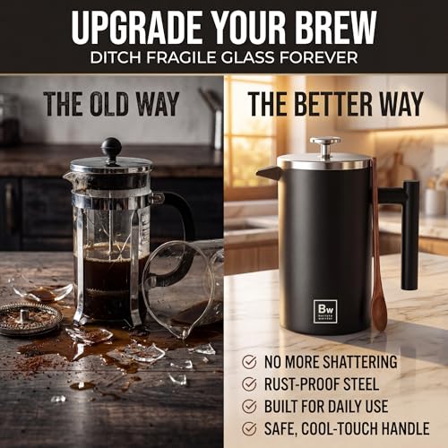 Image of Barista Warrior French Press Coffee Maker - Double-Wall Stainless Steel Insulated French Press with Built-In Thermometer, Dual Filters Coffee Maker with Wooden Spoon - Black