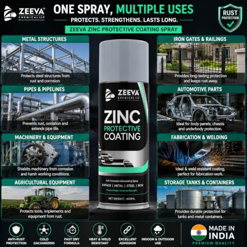Image of ZEEVA Zinc Protective Coating Spray Paint 400ML | Cold Galvanizing Zinc Spray | Anti Rust Metal Coating | Corrosion Protection | Heat & Weld Resistant | Fast Dry Spray for Steel, Iron, Auto, Machinery & Industrial Use