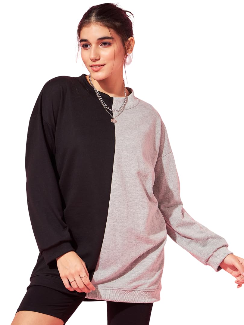 athena lifestyle Women and Girls Cotton Regular Fit Long Sleeves Round Neck Colourblock Woven Black Casual Sweatshirt-picture-17