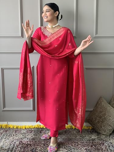 Image of Women's Viscose Chanderi Solid 3 /4 Sleeve Sweetheart Neck Embroidered Kurta, Pant and Dupatta-Dark-pink-JT-043
