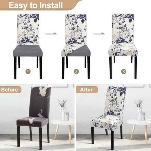 Image of SearchI Printed Dining Room Chair Covers Set of 4, Stretch Kitchen Chair Covers Washable Parsons Chair Slipcover Removable Dining Chair Protectors for Hotel,Ceremony(Blue Flowers)