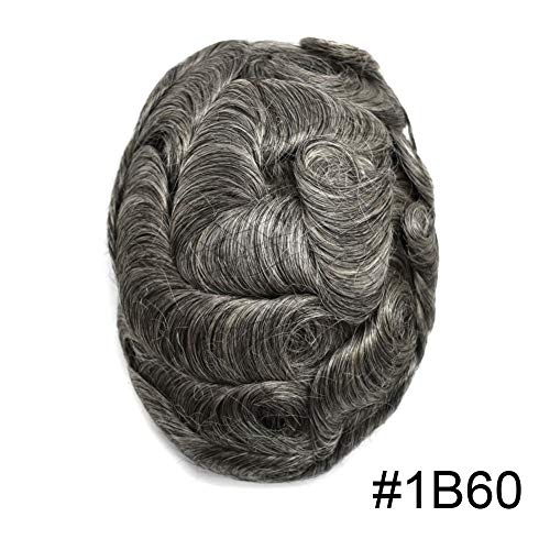 Gray Toupee For Men European Human Hair Piece Swiss Lace Front Mens Toupee Bleached Knots Natural Hairline Gray White Hair Replacement System For Men. (8x10''-100% Light Med-Light Density, 1B60# Off Black with 60% Synthetic Grey)