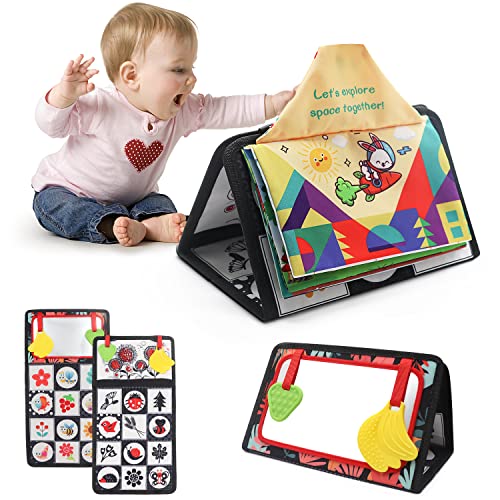 Tummy Time Baby Mirror Toys,High Contrast Black & White Color Developmental Sensory Perception Toy for Baby 0-6 Months,Newborn Infant Toys with Crinkle 3D Activity Soft Cloth Book for Boys Girls Gift
