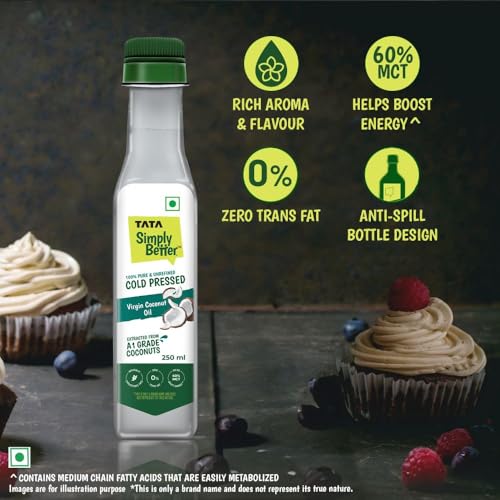 Image of Tata Simply Better Pure & Unrefined Cold Pressed Virgin Coconut Oil,Naturally Cholesterol Free,250 Ml,Rich Aroma & Flavour of Real Coconuts,for Daily Cooking with Multipurpose Usage,A1 Grade Coconuts