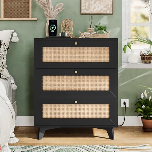 VIAGDO Black Rattan Nightstand with Charging Station, Natural Rattan Night Stand with 3 Large Wicker Decorated Drawers, Boho Bedside Table, End Side Table, 3 Drawer Dresser for Bedroom