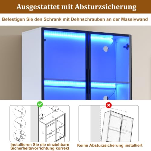 Merax LED Glasvitrine 200 cm Hoch – Moderne Standvitrine mit Glastüren & Aluminiumrahmen, Vitrinenschrank mit verstellbaren Regalen, Multifunktionsschrank für Wohnzimmer, Weiß 80×30×200 cm