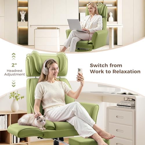 Image of Big and Tall Office Chair, Flip Armrests for Pets & Cross Legged Sitting, Ergonomic Leather Executive Desk Chair with Foot Rest, High-Back Reclining Computer Chairs for Home Office Gaming, Green