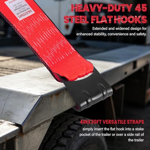 Red Winch Straps 4" x 30 FT - Heavy Duty Flat Hook Tie Downs with 18000lb Break Strength, 6000lb Safe Working Load for Recovery, Flatbed Trailers, Trucks & Farm Use by BANJEYSTRAPS - Image 4