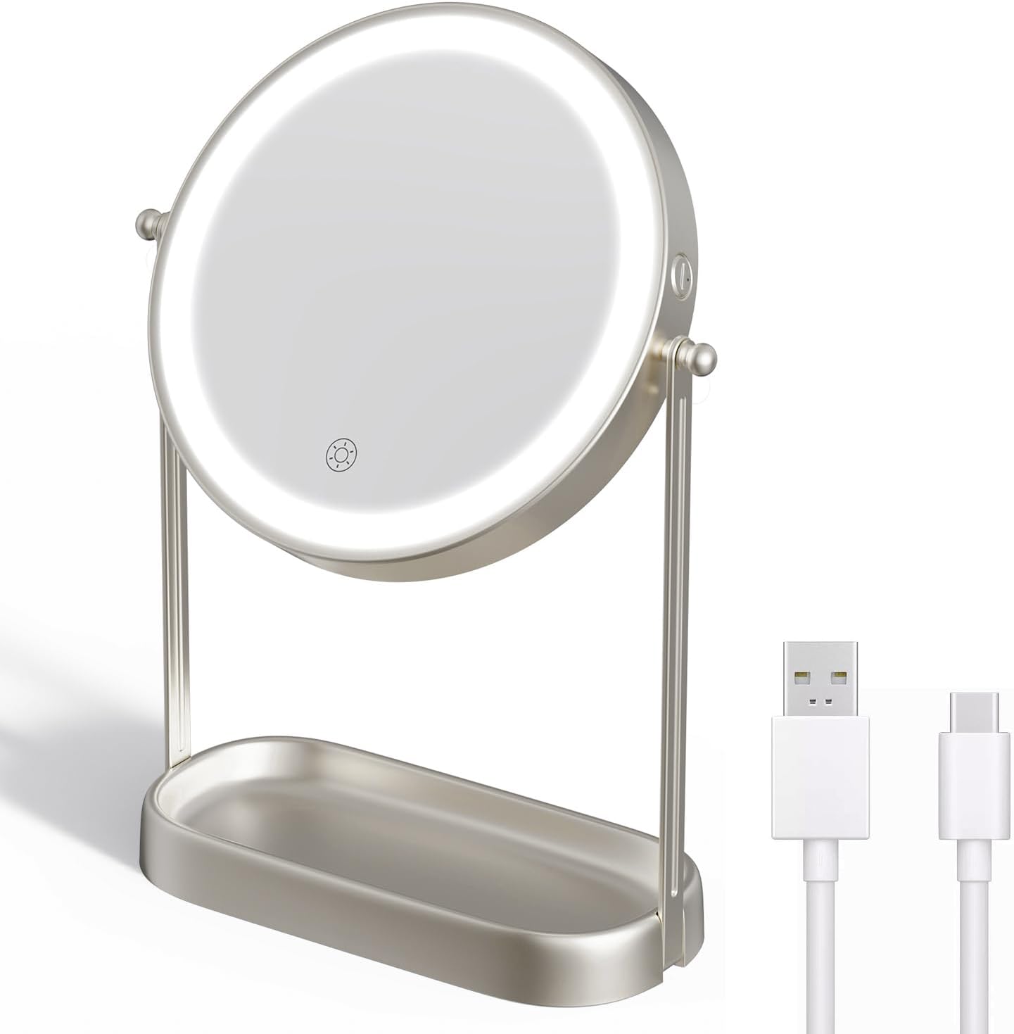 Lighted Makeup Mirror with Storage Tray 3 Lighting Modes, Rechargeable, 1X/10X Magnification Dual Side, 360° Swivel, Dimmable Vanity Cosmetic Personal Makeup Mirror Great Gift (Nickel)