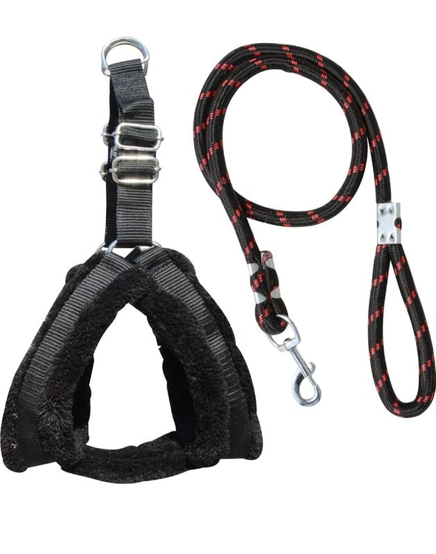 Aviean International Fur Padded Nylon Dog Harness & Leash Rope Black 1.5 inch