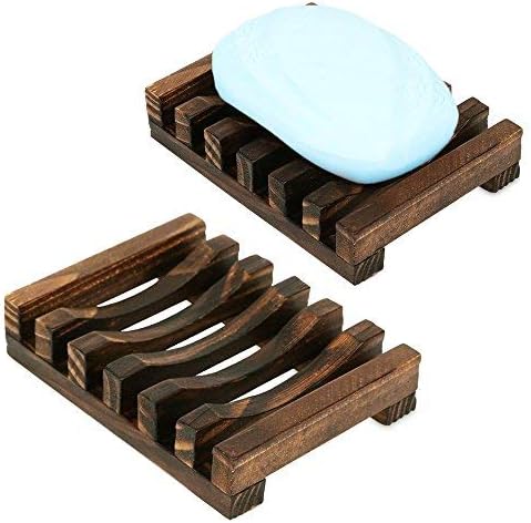 iPEGTOP Wood Soap Dish Natural Wooden Sink Bar Soap Holder Soap Saver Hand Craft for Kitchen Bathroom Shower and Counter, 2 Pack