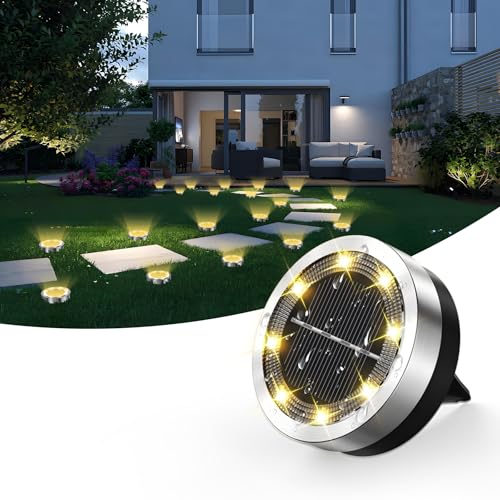 Dankeled 1 Stück Solar Bodenleuchten Aussen - 8 LED Warmweiß Solarlampen für Außen Garten, IP65 Wasserdicht Solarleuchten Gartenbeleuchtung für Auffahrt Weg Rasen Gehweg Patio (Edelstahl+Kunststoff)