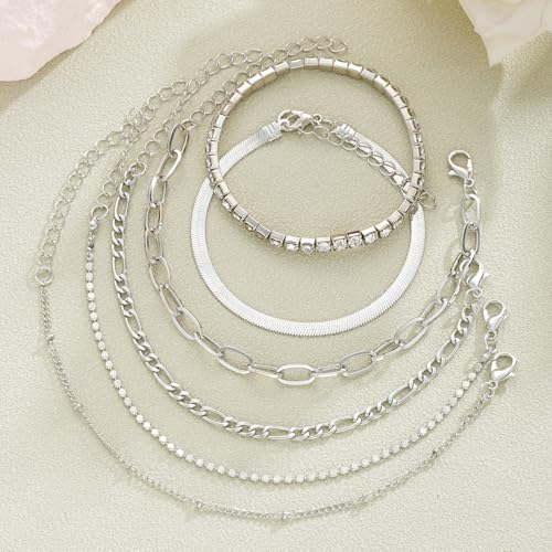 Image of Shining Diva Fashion Gold Plated Bracelet Set for Women & Girls | Set of 6 Trendy Chain Bracelets | Adjustable Layered Bracelet Combo for Daily Wear, Party, Office & Gifting