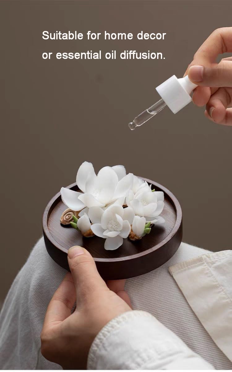Kwiat Magnolii Ceramiczny Mini Dyfuzor Olejków Eterycznych, Drewniana Paleta | Ręcznie Wykonany Kwiatowy Ceramiczny Nieelektryczny Pasywny Dyfuzor Aromaterapeutyczny,White,13cm | 1