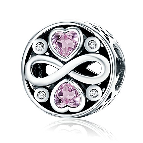 PHOCKSIN Pink CZ Love Heart 925 Sterling Silver Charms Infinity Bead Charm fits Bracelets Valentine's Day chams for Bracelet