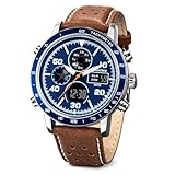 PINDOWS Relógios masculinos, analógico, digital, casual, de couro, multifuncional, multifuncional, com luz de fundo de LED, cronômetro, calendário, L642N3: Marrom azul, Relógio moderno clássico
