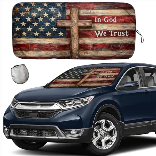 [2026 Upgrade] TDCQQGQQ Windshield Sunshade, American Flag with Wooden Cross Design, &ldquo;in God We...