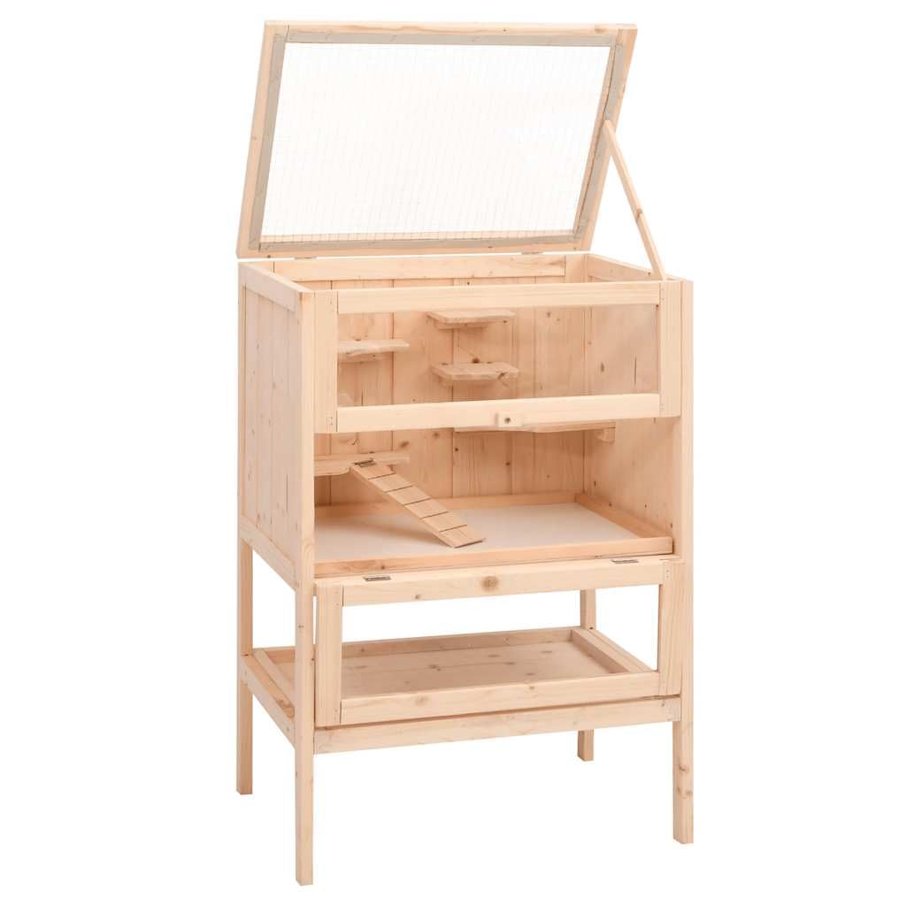 Jaula hámster madera maciza abeto 55x40x80 cm con escalera de dos niveles, techo rejilla metálica abierta, frontal acrílico transparente, estante de almacenamiento, para hámster Gerbille
