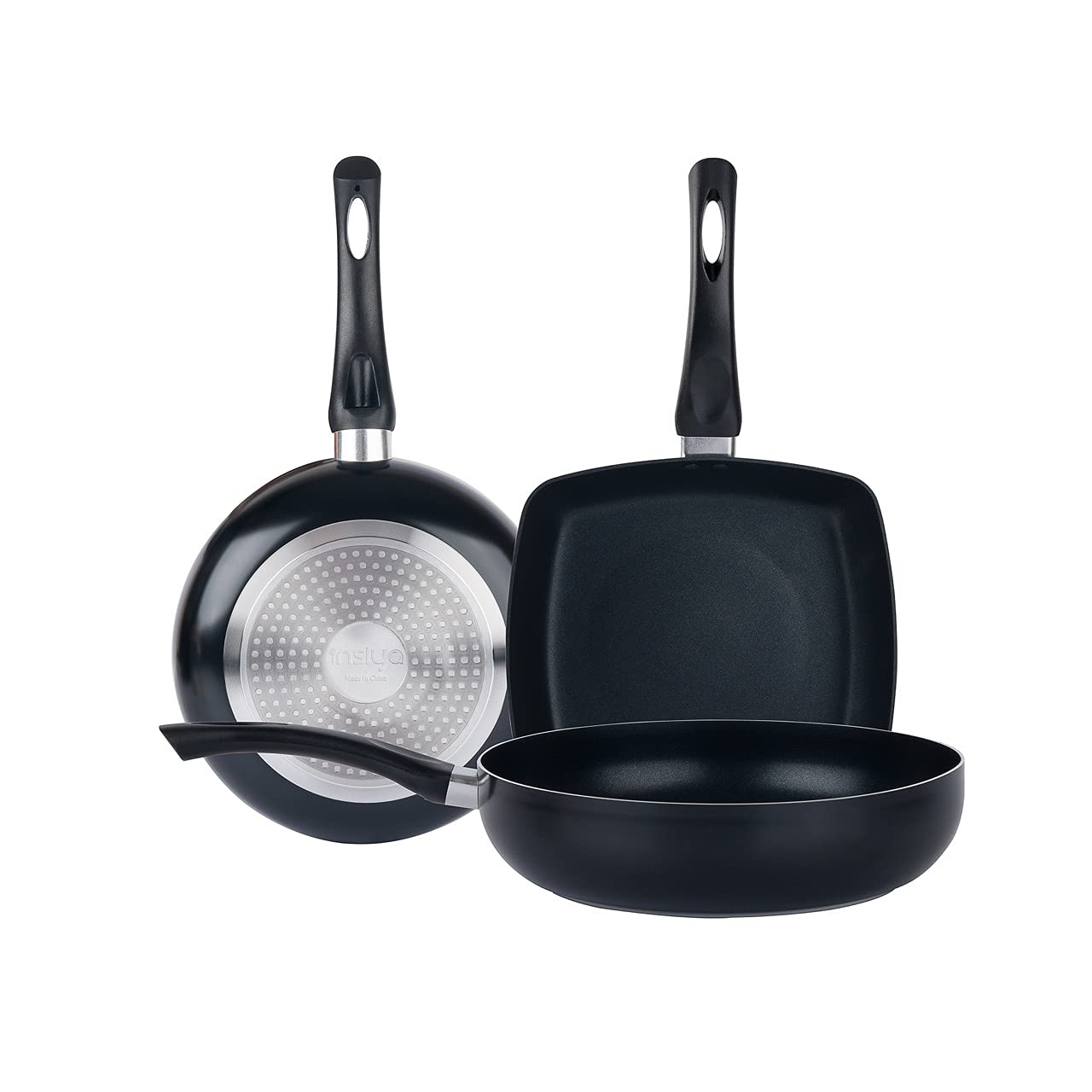 Insiya 2+1 Piece Non Stick Pan Set ( Fry Pan - 24cm, Grill Pan - 24cm and 1 Free Fry Pan - 24cm), Black
