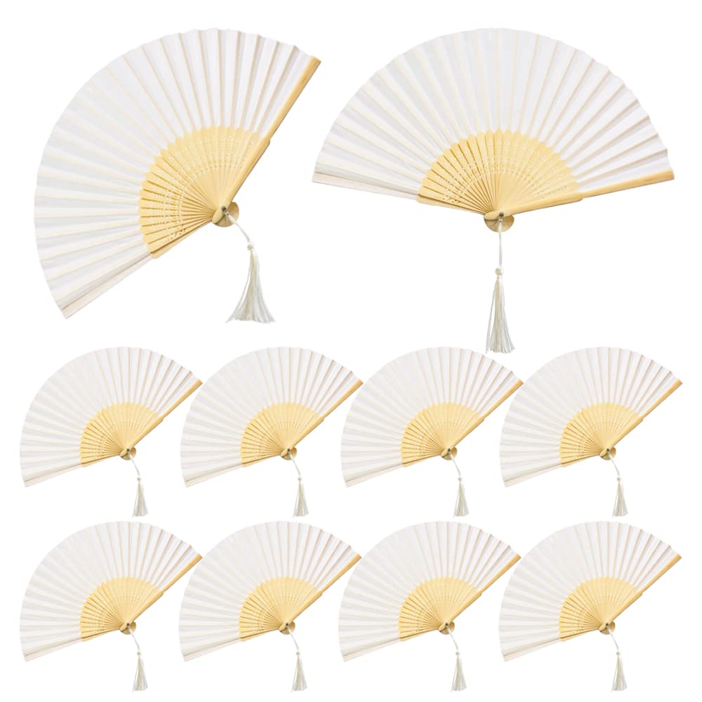 Niaciswe Abanico Blanco 10 Piezas Abanico Plegable Blanco Abanicos boda para invitadas de Bambú Abanico de Tela Abanicos de Mano con Borla y Bolso del Organza para Boda Fiesta de Verano