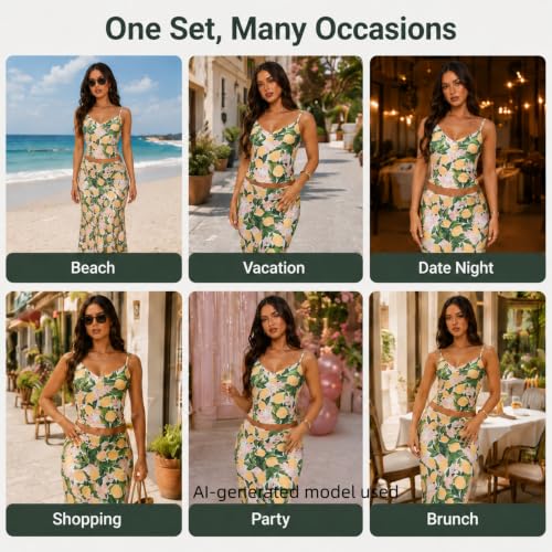 Image of Two Piece Skirt Set Women Maxi Long Skirt and Top Outfit | Soft stretchy 5 pc, slim bodycon, adjustable spaghetti straps, ruched crop tank, elastic waist, going out, beach vacation