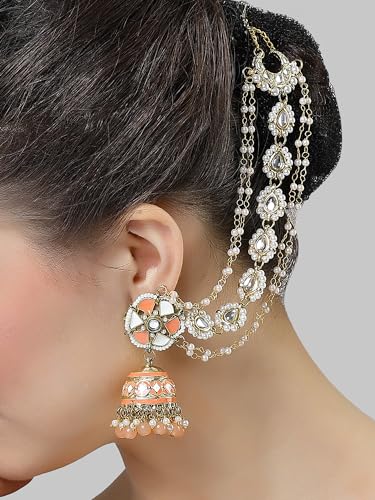 Image of Karatcart Gold Plated Pearl Chain Kundan Kaanchain Earrings for Women