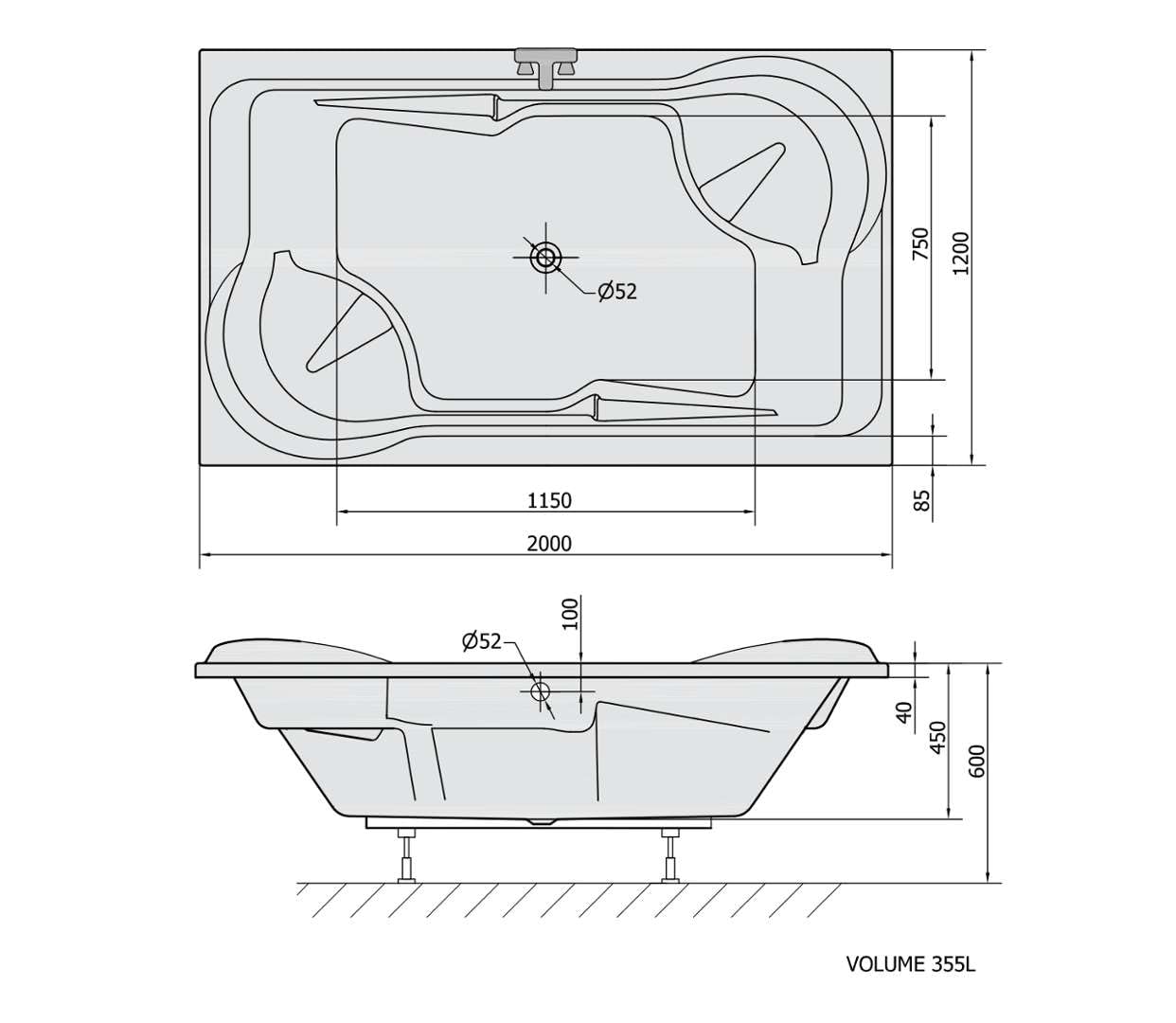 Vasca da bagno Duo 200 x 120 cm, acrilico in bianco completo con vasca piedi e parete verankerung