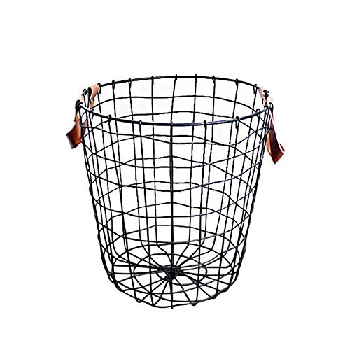 Paniers de rangement, corbeille à linge en métal, panier à linge noir style nordique avec poignées en cuir pour la chambre, bureau, organisateur, aliments, rangement, décor à la maison (L)