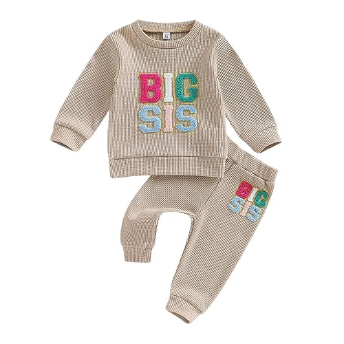 vchoohce Baby Girl Sister Matching Outfit Long Sleeve Lil/Big Sis Letter Print Sweatshirt Top Pants 2Pcs Fall Winter Clothes(S Big Sis-Apricot,12-18 Months)